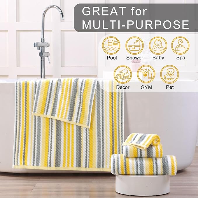 Bath Towels with Hanging Loops, 3PC Striped Towels - 100% Cotton, Quick Dry, Soft, Absorb & Lightweight, 1 Bath 28"x52", 1 Hand 16"x27", 1 Washcloth 13"x13", Shower Towel Decorative Set, Yellow + Gray