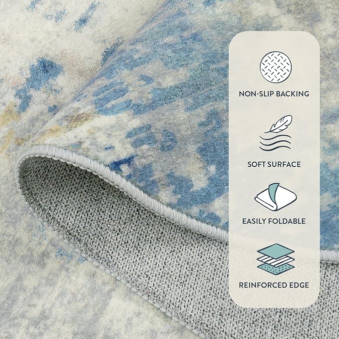 Lahome Modern Abstract Round Rug 4Ft, Blue Washable Front Door Mat Soft 4x4 Circle Rug for Entryway Bedroom Non Slip, Contemporary Indoor Floor Carpet for Living Room Sofa Bedroom Nursery Decor