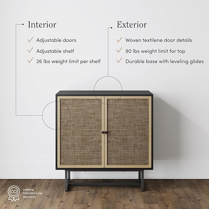 Nathan James Kova Rattan Wood Accent Sideboard Storage Cabinet TV Stand with Matte Metal Frame, Adjustable Shelves and Cane Doors, for Hallway, Entryway or Living Room, Black Oak/Cane, Set of 4