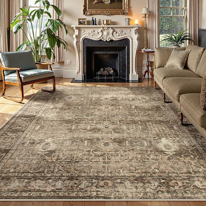 Lahome Vintage 9x12 Washable Brown Rugs for Living Room Bedroom, Boho Dining Room Rugs for Under Table, Soft Non Slip Indoor Throw Carpet for Home Office Playroom (9x12ft,Brown)