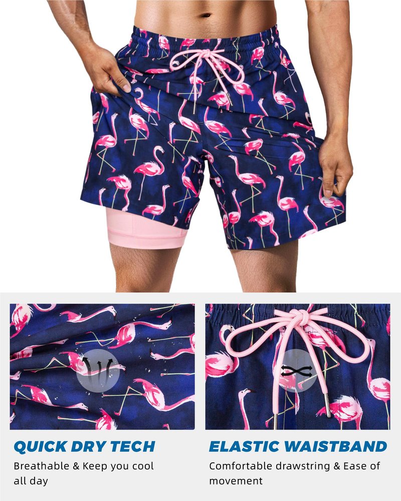 SURF CUZ Mens Swim Trunks with Compression Liner Quick Dry Swim Shorts 7" Swimming Trunks Stretch Bathing Suit 7 Inch,Flamingo Pink,S