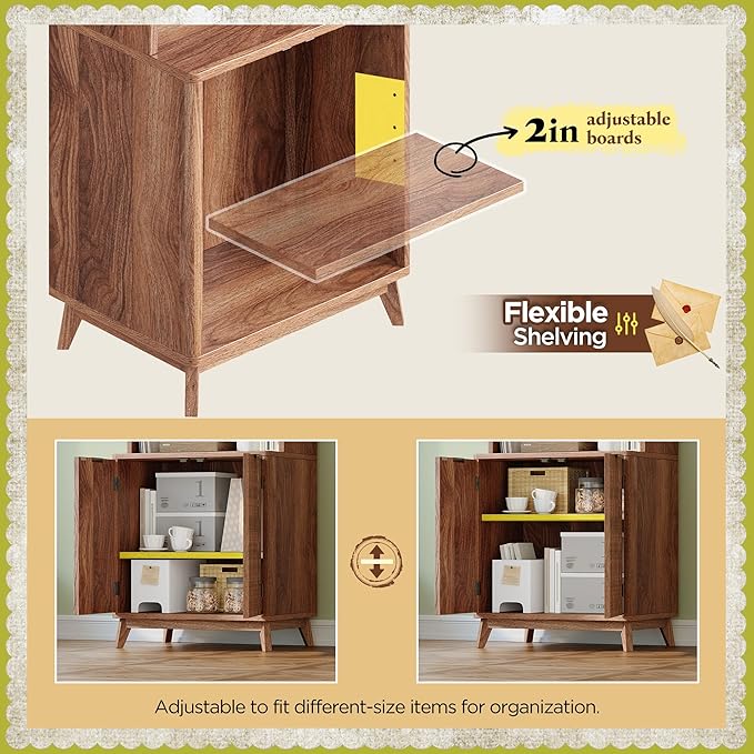 6-Tier Bookshelf, Modern Bookcase with Fluted Doors & Adjustable Shelves, Mid-Century Cabinet, Wooden Book Shelf for Home Office, Living Room, Kitchen, Walnut