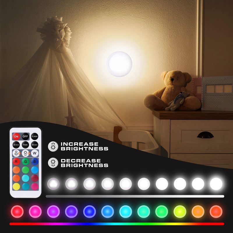 EverBrite Tap Light, Push Light, LED Puck Lights with 12 RGB Colors, Wireless Touch Light Under Cabinet, 80 Lumens Night Light for Closet, Bedroom, Wall, Classroom, 9 AAA Batteries Included, 3-Pack
