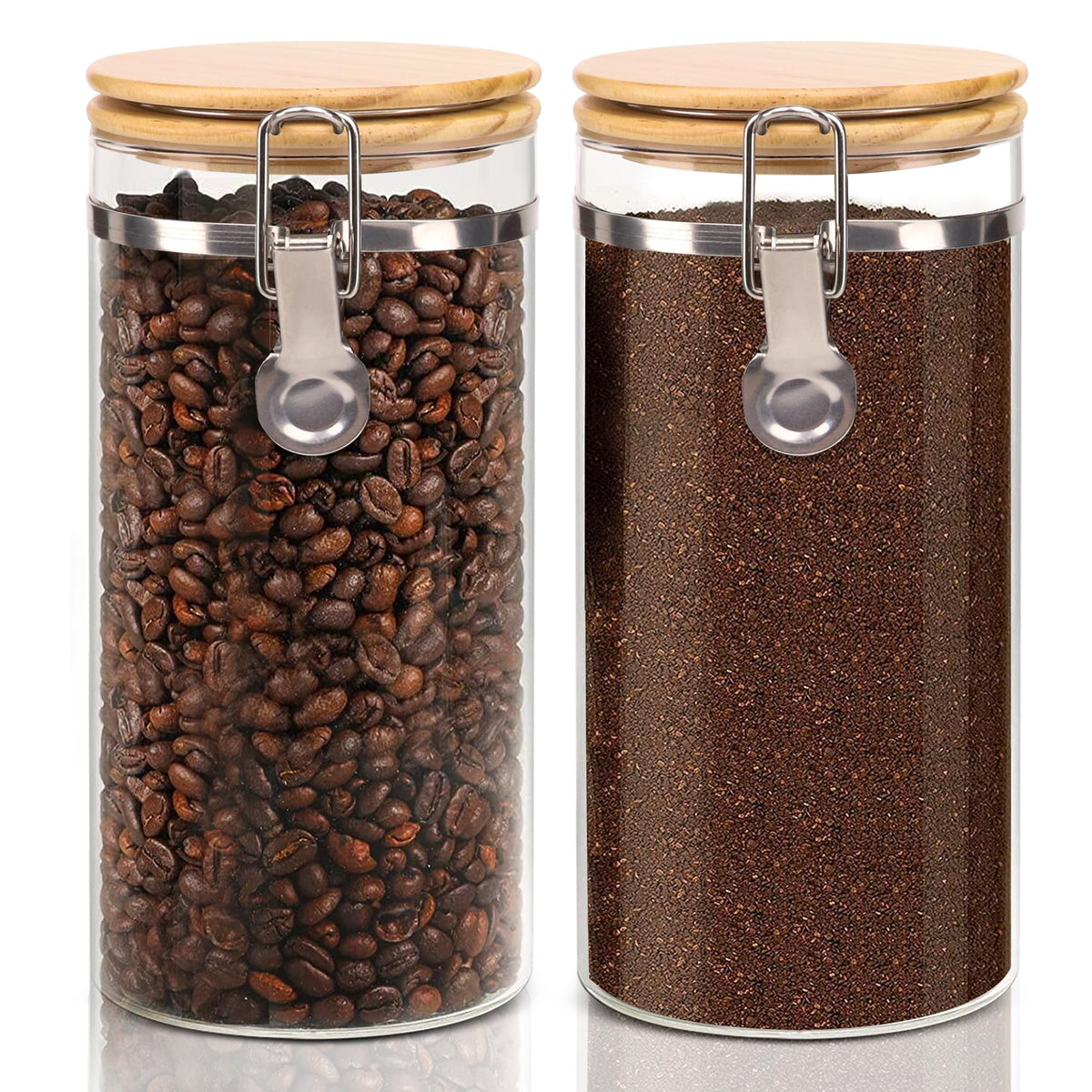 EQEY Glass Coffee Canister Set with Shelf & Spoons - 3 Piece Airtight Seal Coffee Bean Storage Containers & Filter Holder for Kitchen Organization
