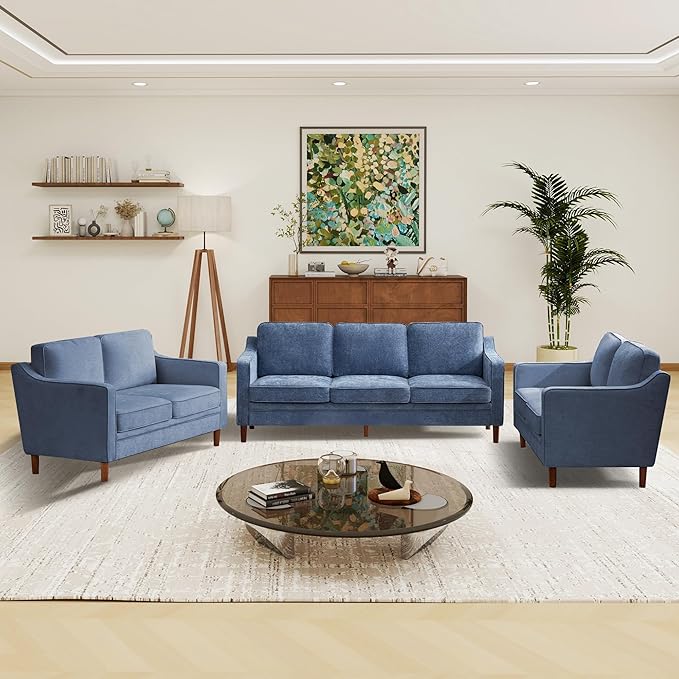 Kingfun Living Room Furniture Sets, Armchair and 2 Loveseat, Mid Century Modern Sofa Set, Chenille Couch with Solid Wood Frame for Living Room & Bedroom, Light Blue