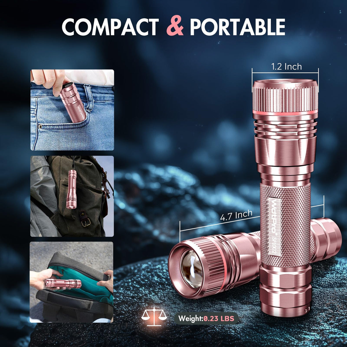 WdtPro Rechargeable Flashlights High Lumens, 1 Pack 10H Long Lasting Super Bright EDC Flashlights, LED Mini Tactical Flash Lights for Camping Emergency, Drop & Water Resistant Pink(Battery Included)