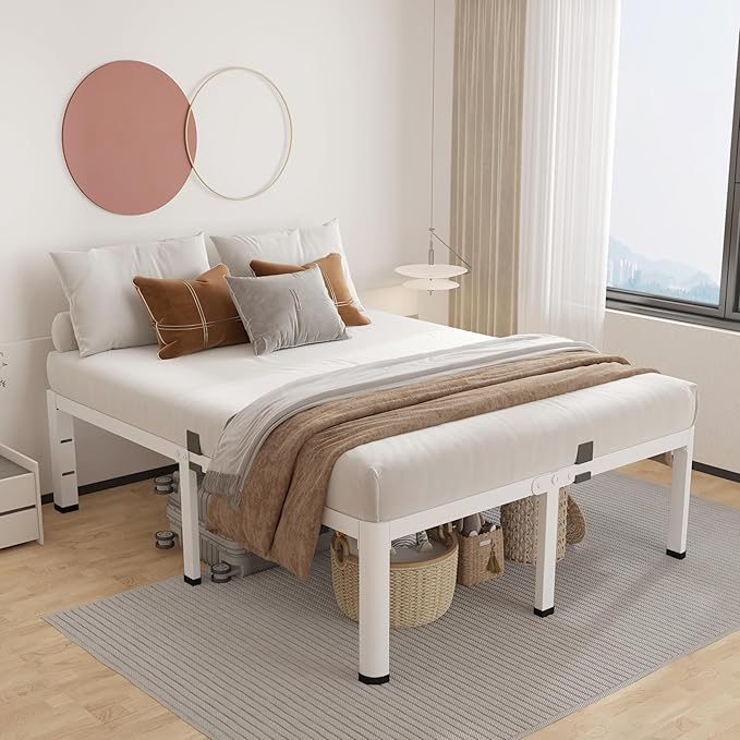 ROIL 18 Inch White King Size Bed Frame with Rounded Corner and Headboard Hole Mattress Retainers 3500LBS Heavy Duty Steel Slats No Box Spring Needed Platform Noise-Free Easy Assembly