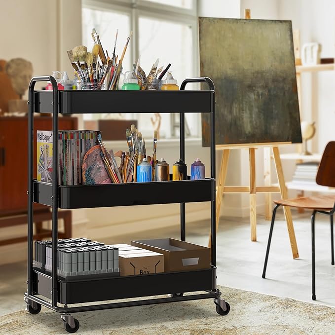 Simple Houseware 26" Extra-Wide 3-Tier Heavy Duty Service Cart, High-Capacity Metal Rolling Organizer for Spa, Salon, Office, and Home Storage, Black