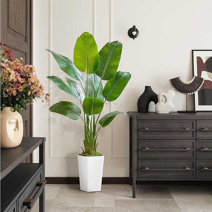Bird of Paradise Artificial Plant, 5FT Faux Plants Indoor Banana Leaf Tree with 9 Leaves, Large Fake Tropical Potted Indoor Silk Floor Plant with White Tall Planter for House,Office,Room,Home Decor