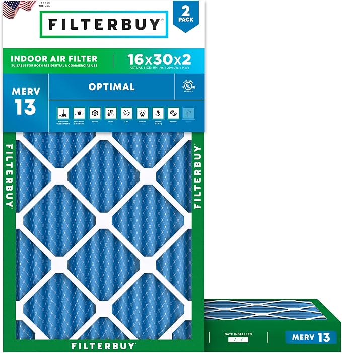 Filterbuy 16x30x2 Air Filter MERV 13 Optimal Smoke & Allergy Defense,