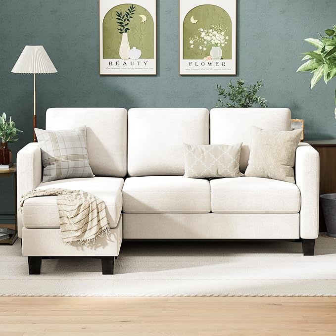 VICTONE Convertible Sectional Sofa Couch, 3 Seat L-Shaped Sofa with Linen Fabric Ottoman Small Couch for Small Apartments, Living Room and Office (Linen Fabric, White)