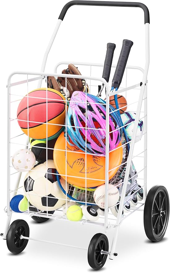 Whitmor Deluxe Utility Foldable Shopping Cart with Wheels, 100 Lb Capacity, Heavy Duty Grocery Cart with Steel Frame, Foam Handle, Rolling Folding Utility Trolley for Grocery, Laundry, Travel, White