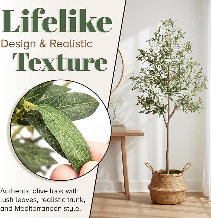 Olive Trees Artificial Indoor 7FT Tree with Rechargeable LED Spotlight, Decorative Moss & Weighted Pot – Tall Realistic Olive Plant for Home, Office, or Event Décor (7FT)