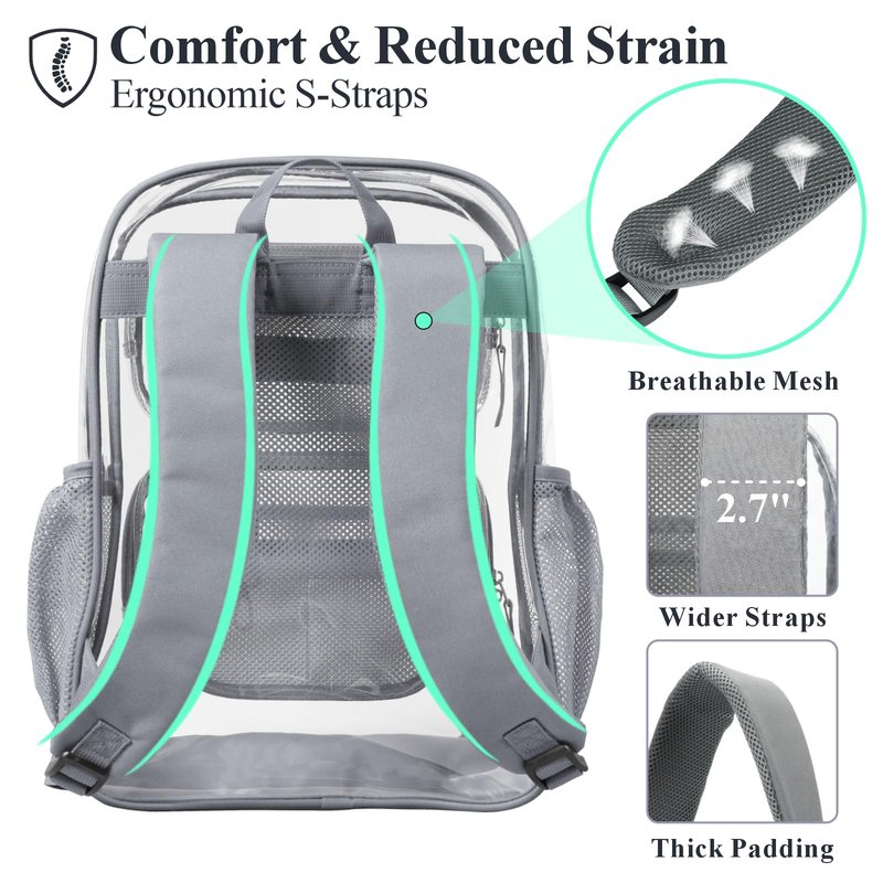 PACKISM Clear Backpack for School - 17 inch Large Heavy Duty Bookbag, Reinforced See Through PVC Transparent Backpack for Students Men Women, Battleship Grey (Age 12+)