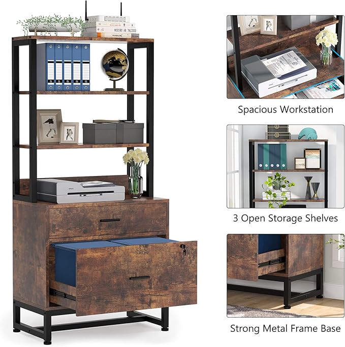 Tribesigns 2 Drawer Vertical File Cabinet with Lock & Bookshelf (Set of 2), Letter Size Large Modern Filing Cabinet Printer Stand with Open Storage Shelves for Home Office, Dark Brown