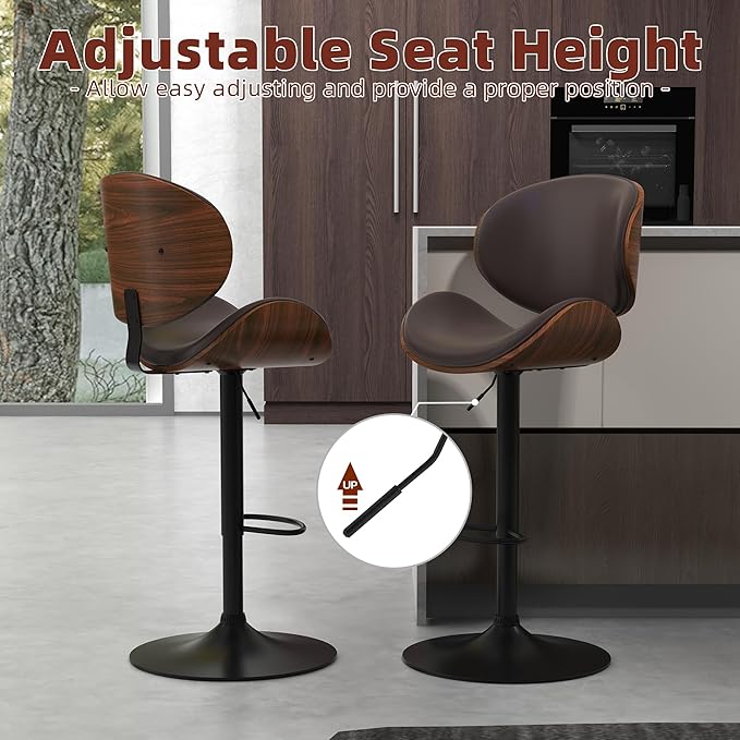 civama Bar Stools Set of 3 for Kitchen Counter, Adjustable Bar Height Chairs, Modern Swivel Barstools with Bentwood Seat and Back with Footrest for Kitchen Island, Dining Room, Brown PU Leather