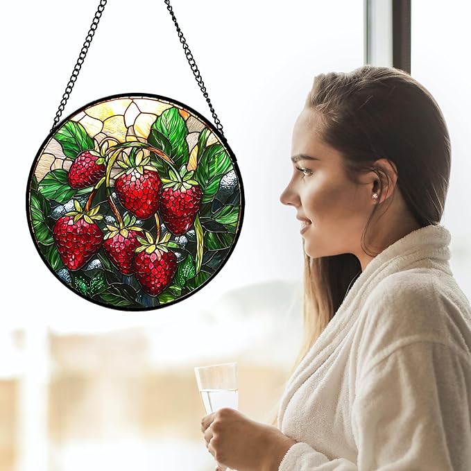 Stained Glass Suncatcher, Red Strawberry Green Leaf Sun Catcher Silver Background Stain Glass Window Hanging Decoration Mother's Day Birthday Gifts for Women Men Mom Nana 15 in