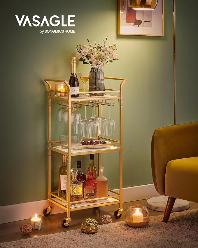 VASAGLE Bar Cart, Home Bar Serving Cart with 3 Tiers, Kitchen Shelf with Wine Rack, Glass Holders, for Small Spaces, Dining Room, Living Room, Pale Gold ULRC101A01