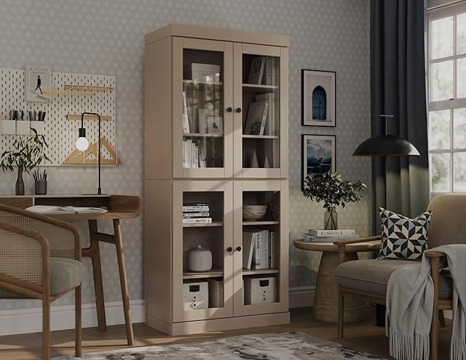 Palace Imports Solid Wood Bookcase - 6-Tier Tall Bookshelf, 71.5” H x 32” W - Beige, Clear Glass Cabinet Doors & Adjustable Shelves for Living Room, 100% Renewable Eco-Friendly Wood, Made in Brazil