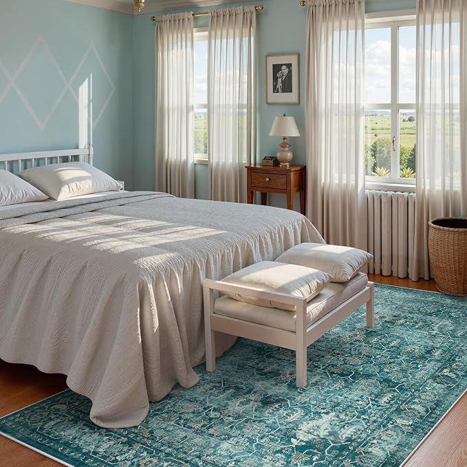Lahome Vintage 5x7 Washable Blue Rugs for Living Room Bedroom, Soft Dining Room Rugs for Under Table, Non Slip Indoor Throw Carpet for Entryway Kitchen Office (5x7ft,Blue)
