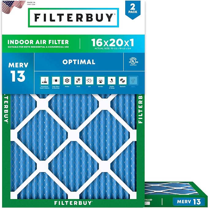 Filterbuy 16x20x1 Air Filter MERV 13 Optimal Smoke & Allergy Defense,