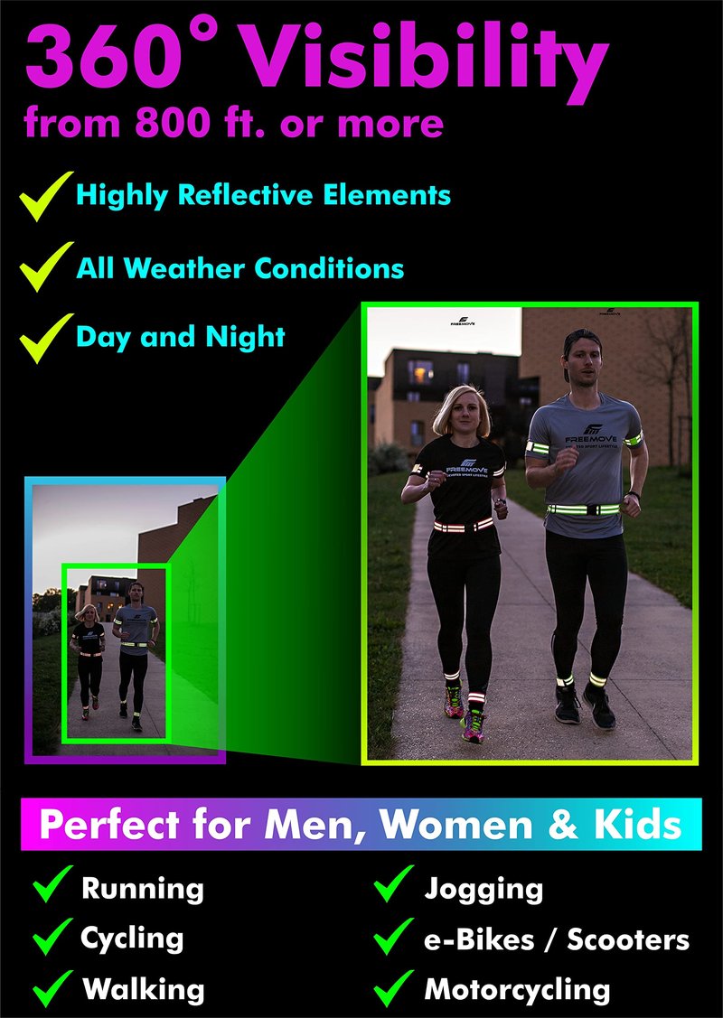 FREEMOVE Reflective Running Gear - a Pack with Adjustable Runners Waist Belt + 4 Arm/Wrist Bands for Men and Women - Stay Safe Day or Night When Dog Walking, Running, Cycling, Jogging, Biking, MTB