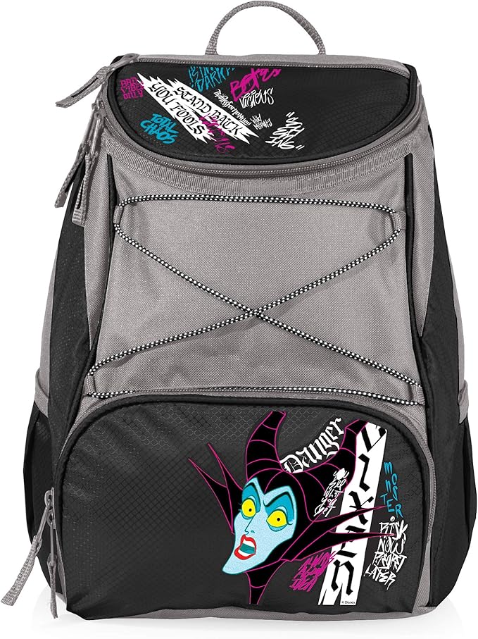 PICNIC TIME Disney Princess Sleeping Beauty Maleficent Backpack Cooler, Insulated Leakproof Soft Cooler, Waterproof Lunch Bag, Portable Travel Ice Chest (Black with Gray Accents)