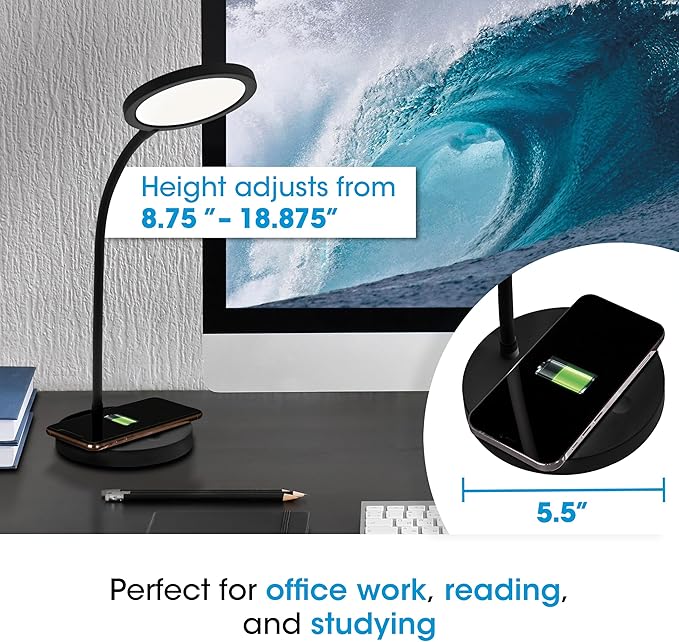 OttLite Good Housekeeping Circular LED Desk Lamp with Wireless Charging - Designed to Reduce Eyestrain - Adjustable Neck, 3 Color Modes - Crafting, Office Work, Reading & Studying
