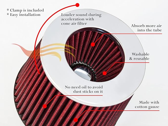 RED 3.5" 89 mm Inlet Cold Air INTAKE Cone Replacement Performance Washable