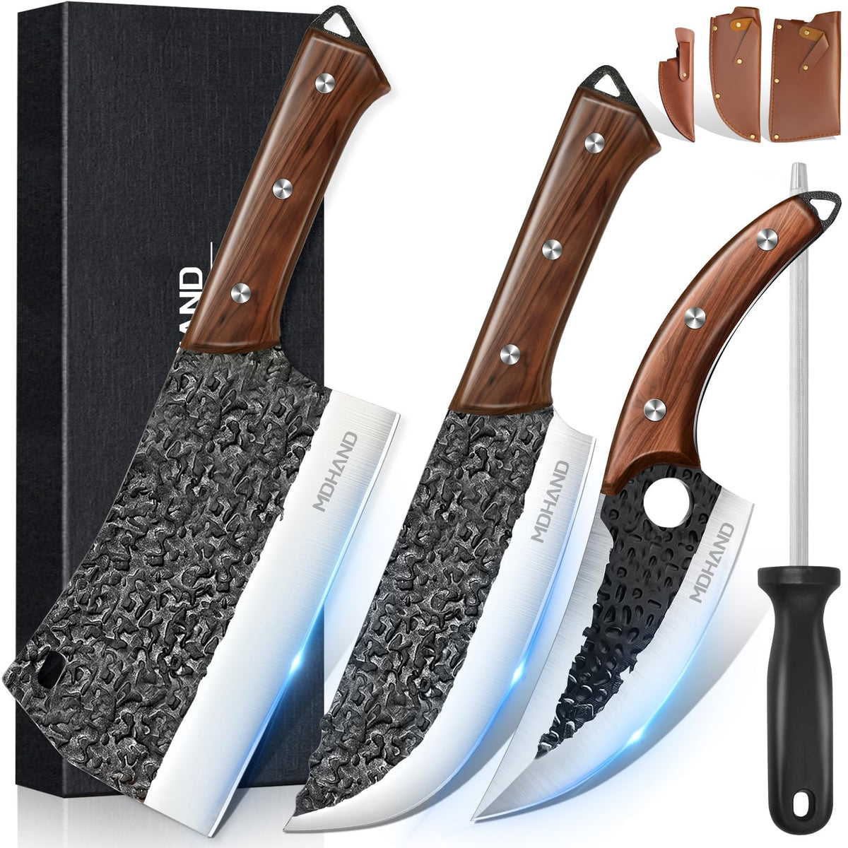 MDHAND Butcher Knife Set, Hand Forged Meat Cleaver Knife Gift for Men