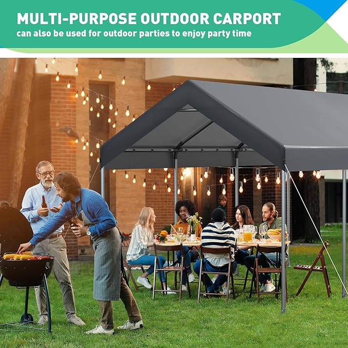 10x20FT Carport, Car Canopy, Portable Garage, Easy to Assemble, Carport Canopy 10x20FT Heavy Duty for Car, Bike, Boat, Party (Gray)