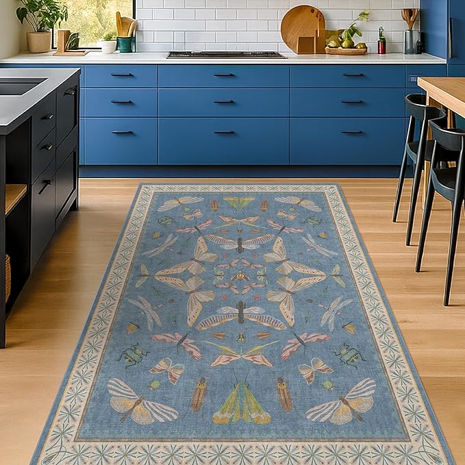 Insect 3x5 Washable Stain Resistant Rugs for Large Kitchen, Ultra Soft Faux Wool Rugs for Kids Bedroom Beside Bed, Non Slip Entry Rug, Low Pile Fade Resistant, Dusty Blue