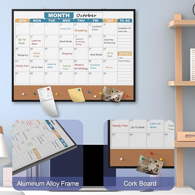 Monthly Calendar Dry Erase Board 24x18 Inch, Double-Sided Whiteboard and Corkboard Combo with Black Aluminum Frame (Color Calendar), Wall Mounted Planner with Marker, Magnet, Push Pin, Eraser