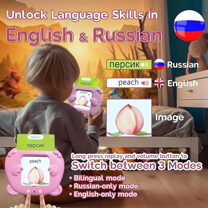 English Flash Cards Bilingual - Russian Talking Flash Cards for Kids, Pocket Speech for Toddlers 3-12, 510 Sight Words of 31 Varieties, Sensory Toys Children with Autism (Russian, Pink)