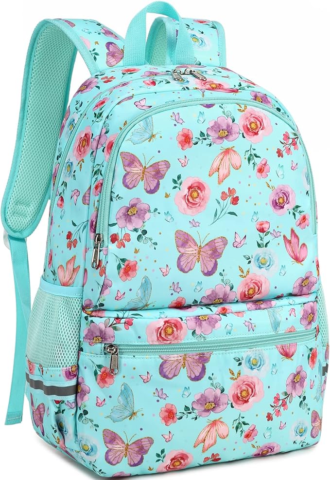 DSIUE Kids Backpack for Girls Elementary BookBags Teens Middle School Backpack with Lunch Box Butterfly Lake Blue