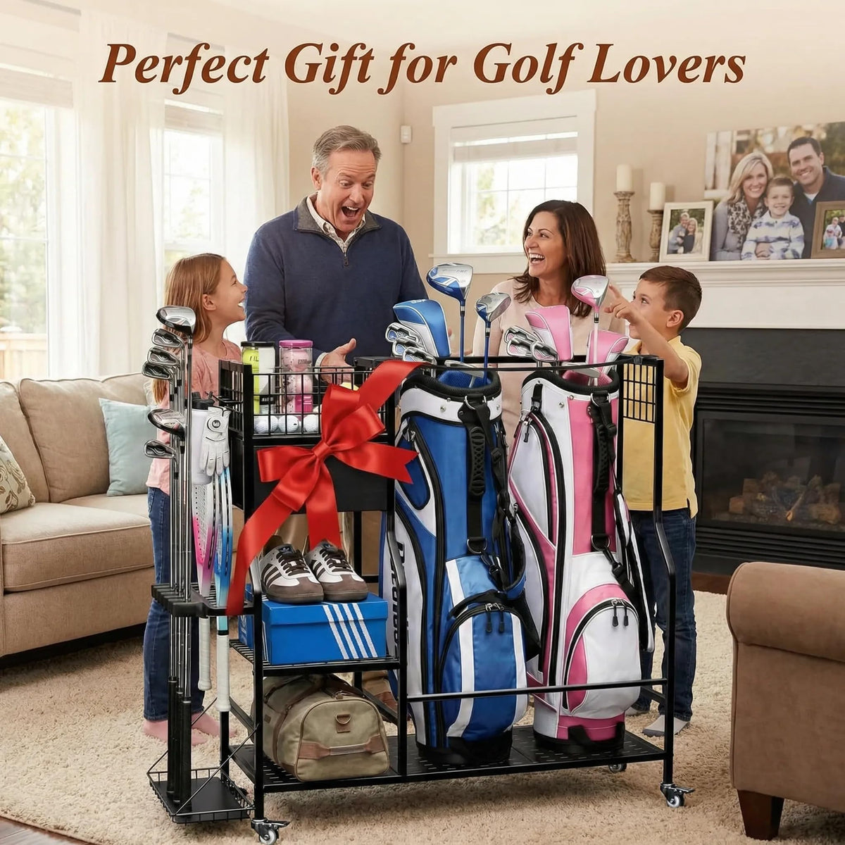 Faesun Golf Bag Organizer for Garage, Golf Bag Storage Rack with 6 Club Slots, Golf Club Organizer with Fabric Drawer & Wheels, Golf Storage Organizer Holds 2 Bags, Golf Rack Storage System