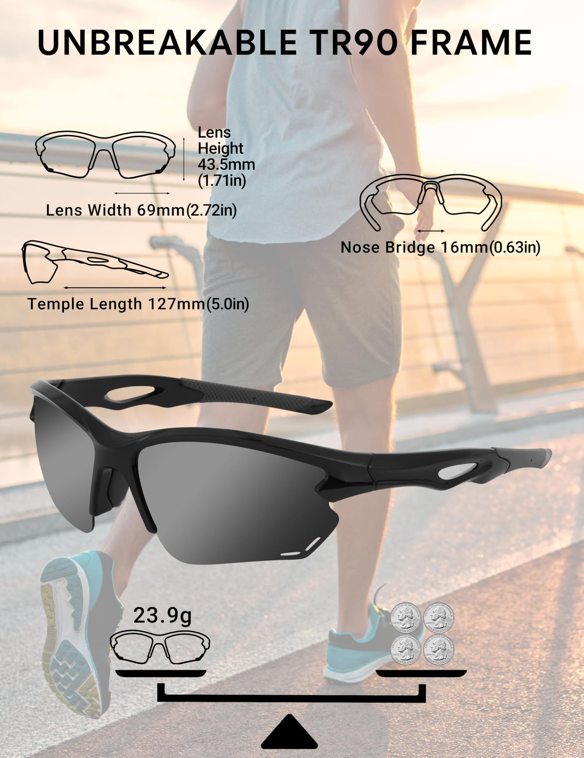 BIRCEN Mens Polarized Sunglasses for Sports: TR90 Lightweight Sun Glasses Wrap Around Shades for Fishing Driving Cycling