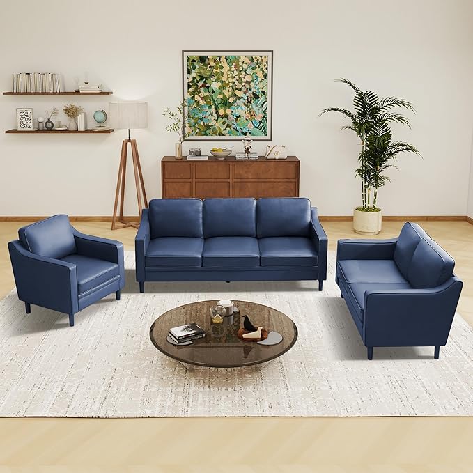 Kingfun Living Room Furniture Sets, 3 Seater Couch, Armchair and Loveseat, Mid Century Modern Sofa Set, Faux Leather Couch with Solid Wood Frame for Living Room & Bedroom, Royal Blue