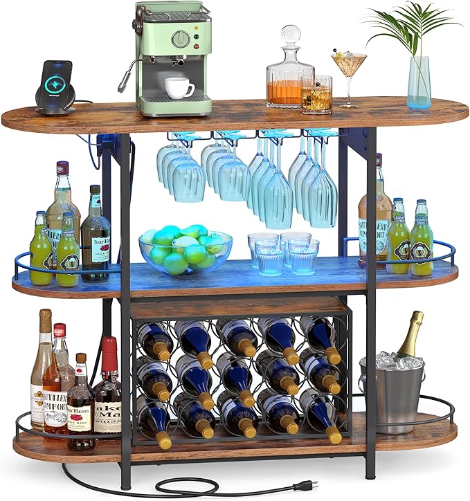 VASAGLE Bar Cabinet with LED Lights and Power Outlets, Freestanding Coffee Bar Wine Cabinet, Wine Rack, Glass Holder, Mini Bar for Liquor and Glasses, Kitchen, Dining Room, Rustic Brown ULWR007K01S