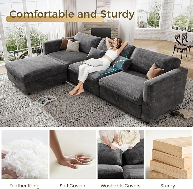 KKL Modular Sectional Oversize Sofa with Adjustable Backrest, 113" L Shaped Couches for Living Room, Down Filled Sectional Sofa Couch with Storage Ottoman Chenille, Grey