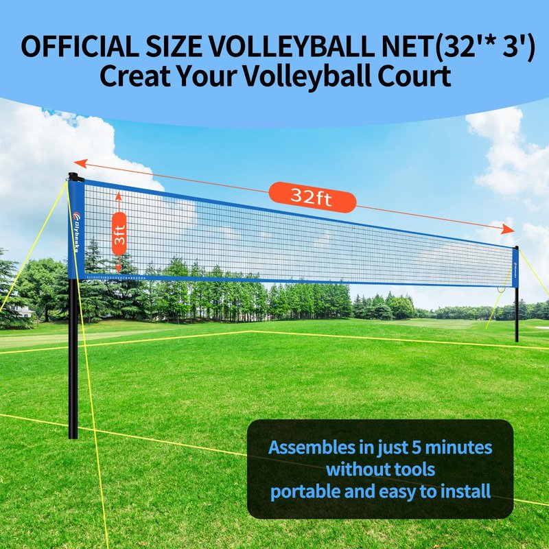 Portable Outdoor Volleyball Net Set for Backyard Beach with Adjustable Poles, Soft PU Volleyball & Pump, Carry Bag and Durable Anti-Sagging Net (Blue, 32ft)