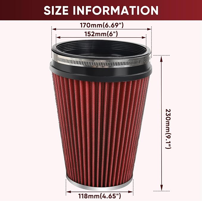 6" 152mm Cold Air Intake Filter Clamp-On Replacement High Flow Inlet Air Filter