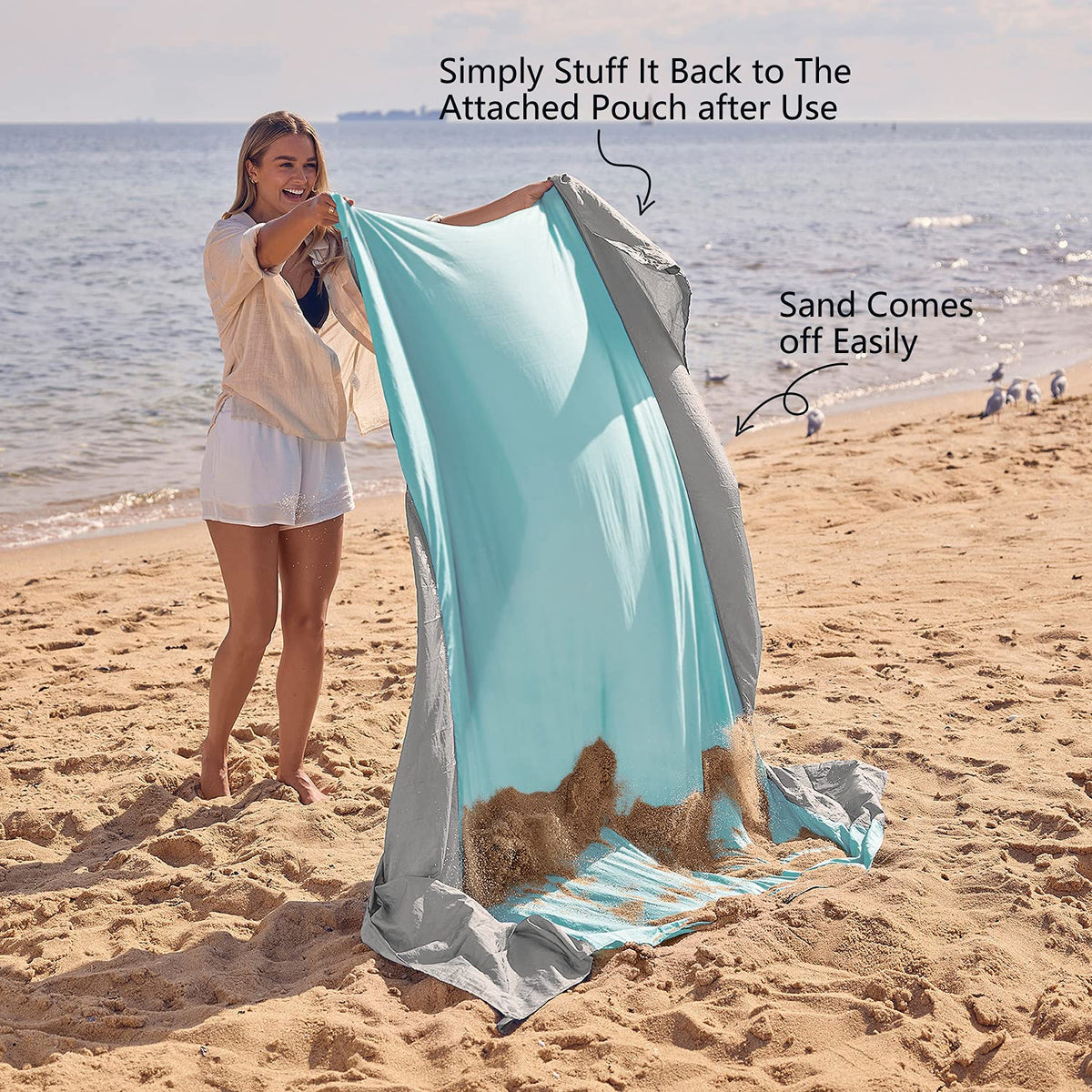 WEKAPO Beach Blanket - Sandproof Waterproof Extra Large Beach Mat | Oversized Sand-Free Lightweight Quick-Drying | Beach Vacation Essentials with Stakes & Corner Pockets (Grey, 9x7 FT)