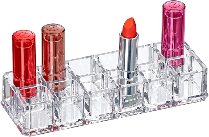 Amazing Abby - Charm - 12-Slot Acrylic Lipstick Organizer, Lipstick Holder, Lip Gloss Holder, Cosmetic Storage Display, Perfect Storage Solution for Drawer and Vanity (Slot Size: 0.9" x 0.9")