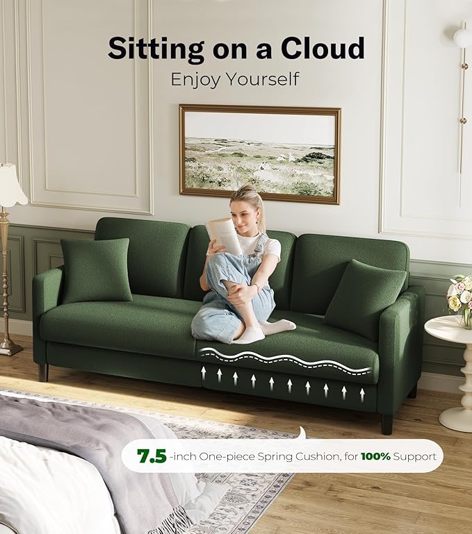 83" Couches for Living Room, Comfy Sofas for Living Room, Teddy Sofa Couch, Tool-Free Setup Loveseat Sofa, All-Wood Love Seat Couches, Small Couch 2 Pillows Included, Green