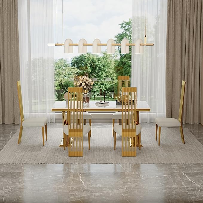 Gold Dining Chairs Set of 4, White Boucle Dining Chairs with Brushed Gold Stainless Steel Backrest and Legs, Modern Elegant Upholstered Dining Room Chairs for Dining Room Kitchen Restaurant
