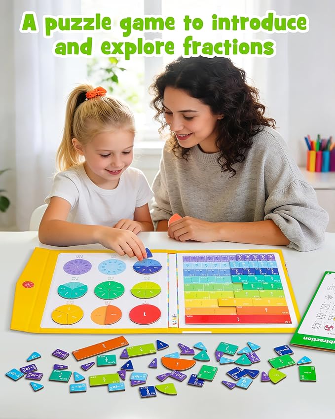 D-FantiX Large Magnetic Fraction Demonstration Book, Magnetic Fraction Tiles & Fraction Circles Set with Dry Erase Activity Card, Montessori Fraction Manipulatives Learning Toys for Kids