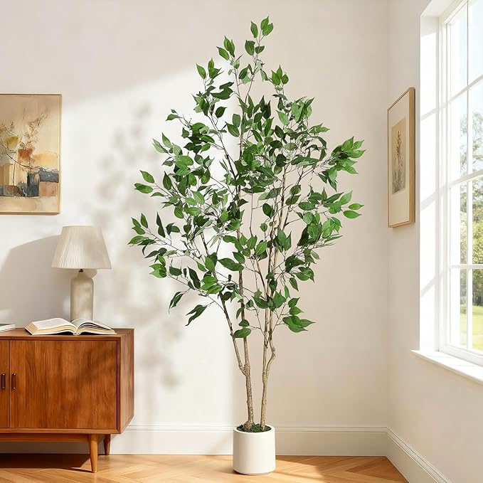 6FT Ficus Trees Artificial Indoor, Faux Silk Plant with Natural Wood Trunk and Lifelike Fruits, White Imitation Ceramic Planter with Green Fake Moss for Modern Home Office Living Room Decor