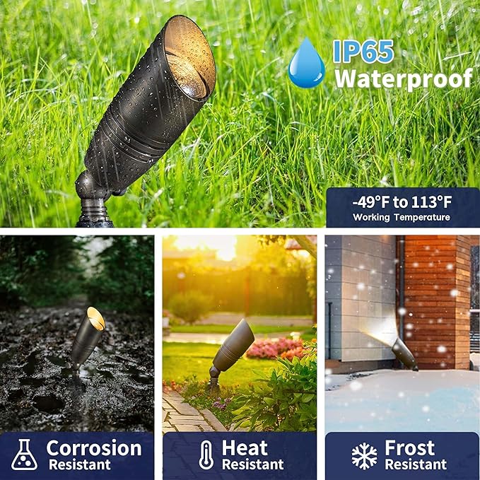 Brass Landscape Lighting - Low Voltage Spotlights Outdoor LED, 12V Wired Uplights, Waterproof Spot Lights, Antique Bronze for Outside Trees Without MR16 Bulb (4 Pack)