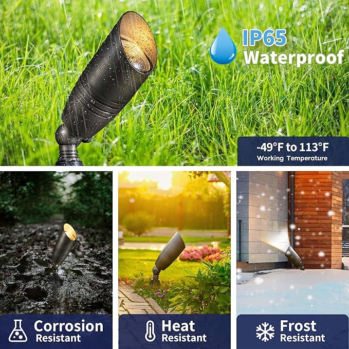 Low Voltage Spot Lights - Solid Brass Landscape Spotlight Wired, 12V Outdoor LED Uplights Waterproof, Electric Bronze Adjustable Focus for Patio Wall Without MR16 Bulb (6 Pack)